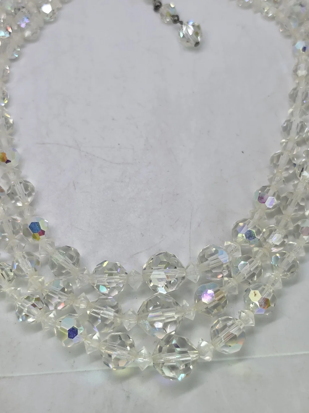 Vintage 3 Strand AB Aurora Borealis Crystal Glass Faceted Bead Necklace Choker
